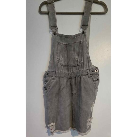 POL Gray Distressed Denim Overall Skirt Jumper Dress Small Frayed Hem Casual - Picture 4 of 12